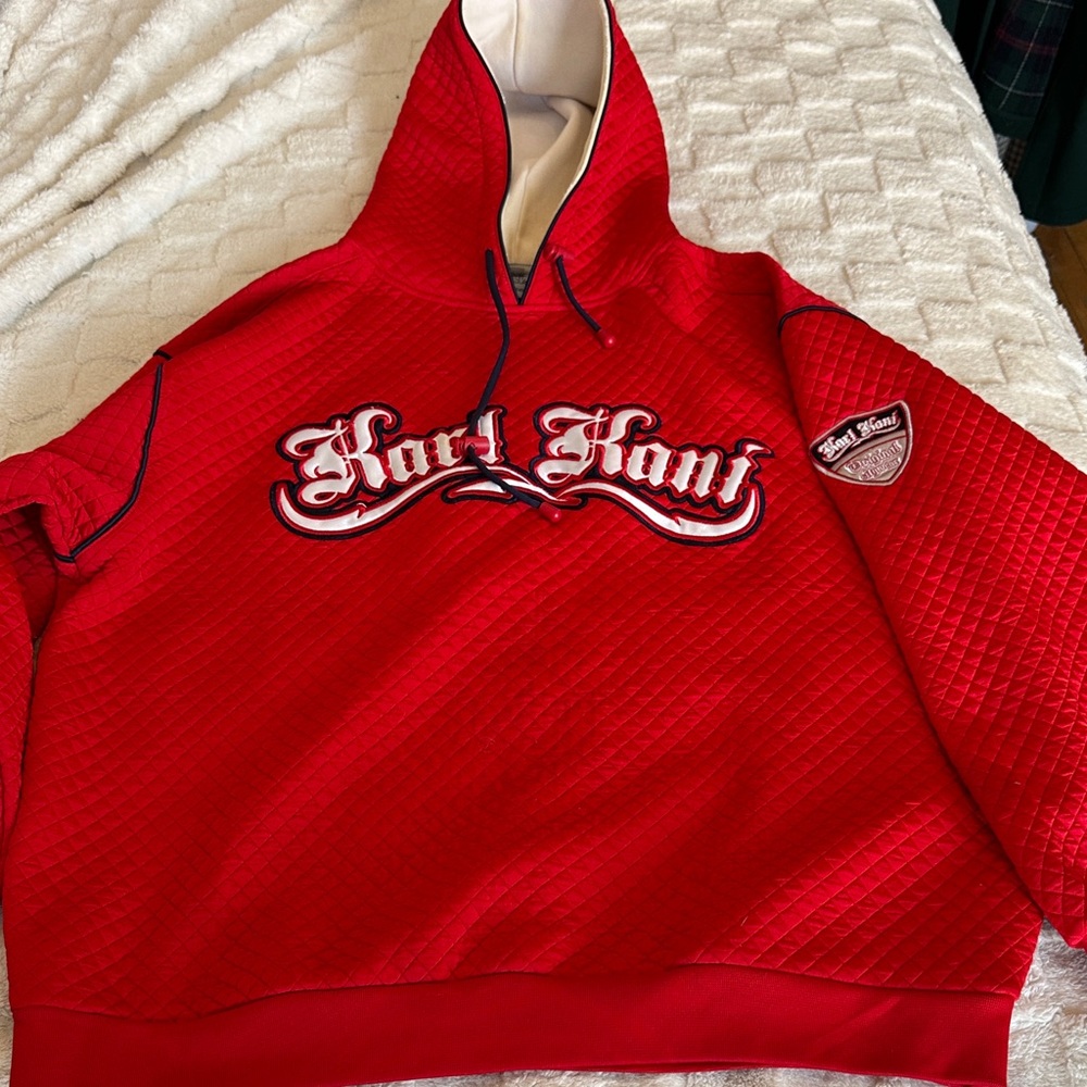 S—Karl Kani Red Quilted Hoodie with Logo